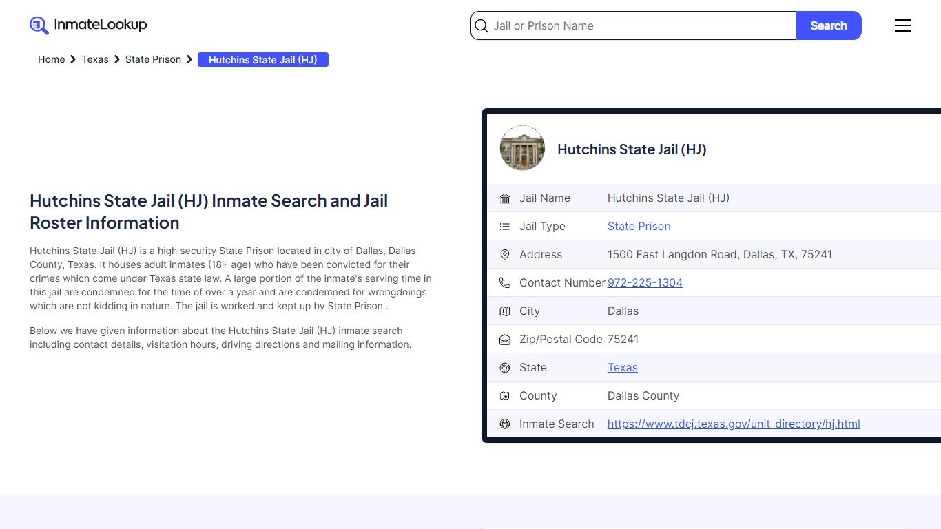 Hutchins State Jail (HJ) Inmate Search - Dallas Texas - Inmate Lookup